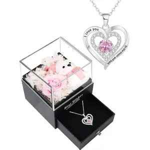 Elegant Crystal Heart Necklace with Cute Bear Preserved Rose, Includes Beautiful Jewelry Box, Fashion Accessory Gift Set, Heart Shaped Pendant