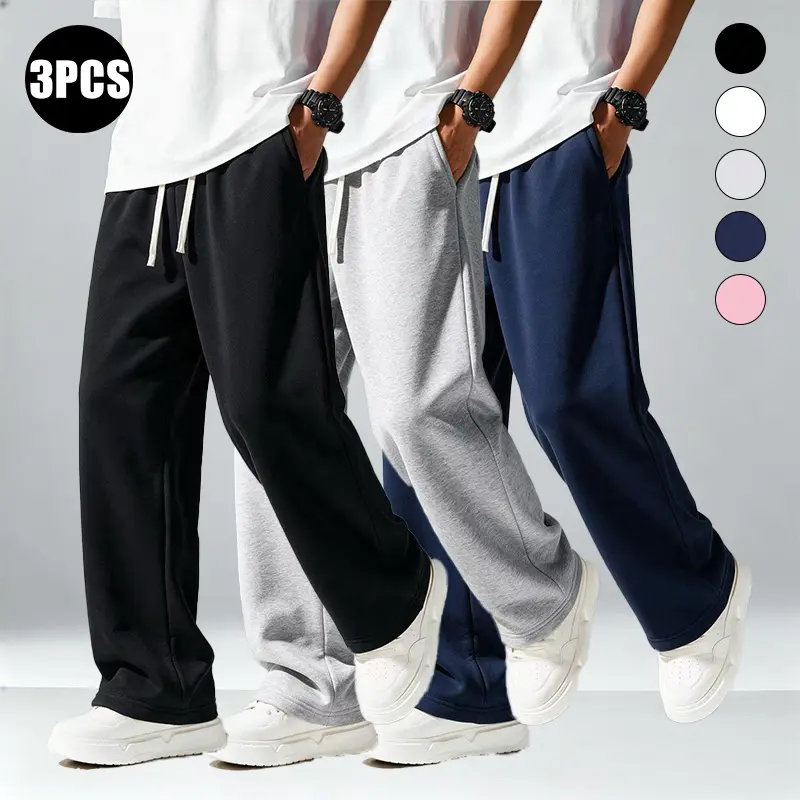 Men's 3-Piece Poly-Cotton Trousers Set - Solid-Color, Wide-Leg, Elastic Drawstring Waist, Casual, Loose-Fit Athletic Long Joggers for Street-Style Running