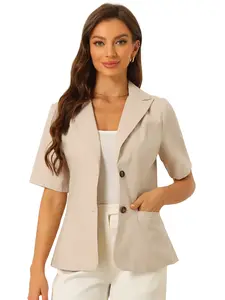 INSPIRE CHIC Women's Business Casual Cotton Linen Lapel Collar Work Office Short Sleeve Suit Blazer Jacket