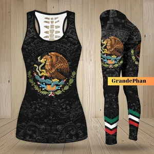 Mexican Eagle Aztec Workout Set, Women's Tank Top and Leggings, Mexico Flag Fitness Outfit