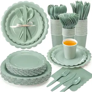 350 Pcs Sage Green and, 50 Guest Graduation Supplies Include Scalloped Paper Cups Disposable Tableware Set for Baby Shower