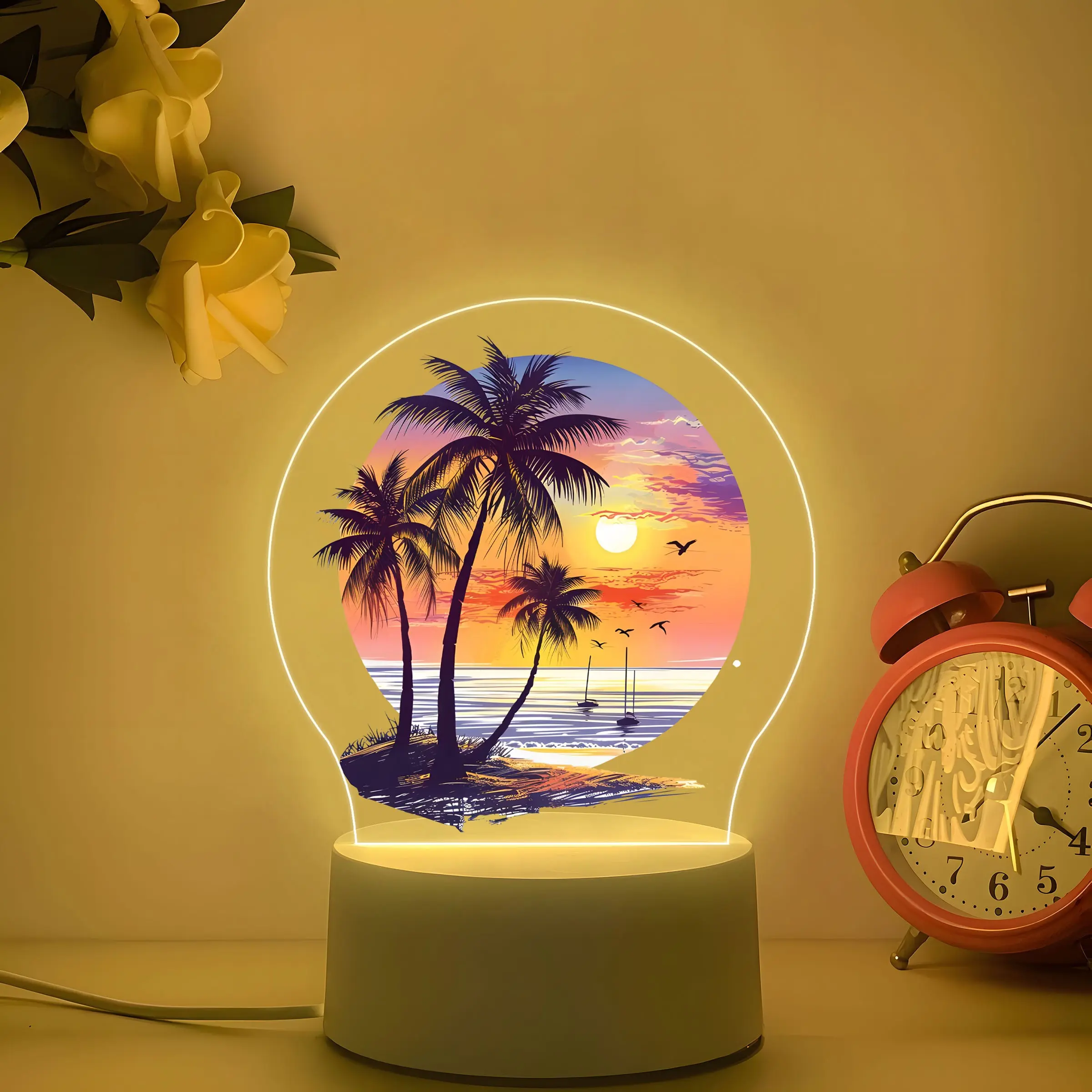 Dreamy Sunset Night Light, Acrylic Coastal Scene, Soft Warm Glow, Bedroom Ambiance Lamp, Desk Decor, Gift for Beach Lovers