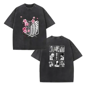 Men's Round Neck Short-Sleeve Oversized Vintage Washed Attack On Titan Survey Corps T-Shirt, Sakura Cherry Grid Print Anime Character Top, Unisex Retro Streetwear Tee, All Season Wear, Ideal For Daily Outings & Anime Events, Shortsleeve