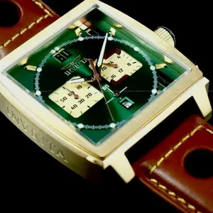 Invicta Men’s Watch Brand New - 100% Authentic - Classy Watch for Men with Brown Leather Band - Green Square Face - Gold Tone Case