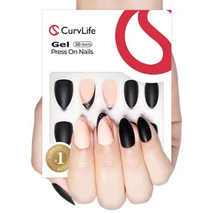 CurvLife Nailora medium almond striped soft gel press on nails nude matte glitter easy apply nail art