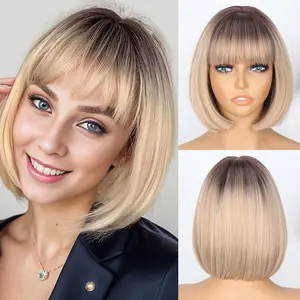 Xinran Blonde Bob Wig with Bangs Short Dirty Blonde Wigs for Women Heat-Resistant Synthetic Ombre Blonde Short Wig for Cosplay Daily Use