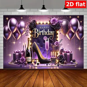 2D Flat , Elegant Purple Theme Birthday Banner, Polyester, Party Backdrop for Versatile Decorations – Festive Celebrations in Gardens, Studios, Homes & Outdoor Events