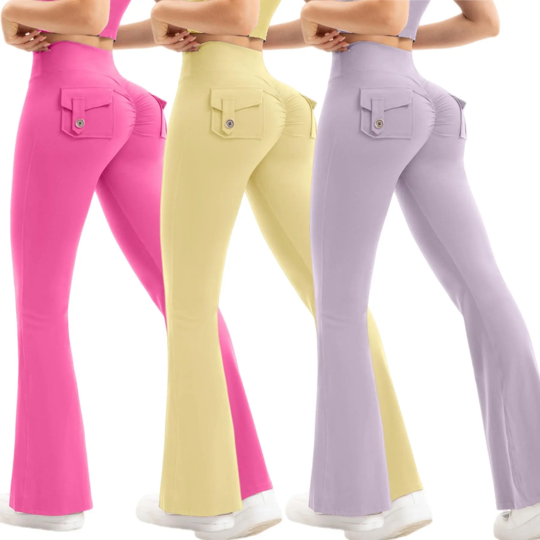3PCS Women's High-Waisted Boot Style Carved Pleated Buttocks Flare Leggings Stretch Training And Fitness Flared , Super Comfortable Daily Pants shapewear leggings Gym Exercise Leggings