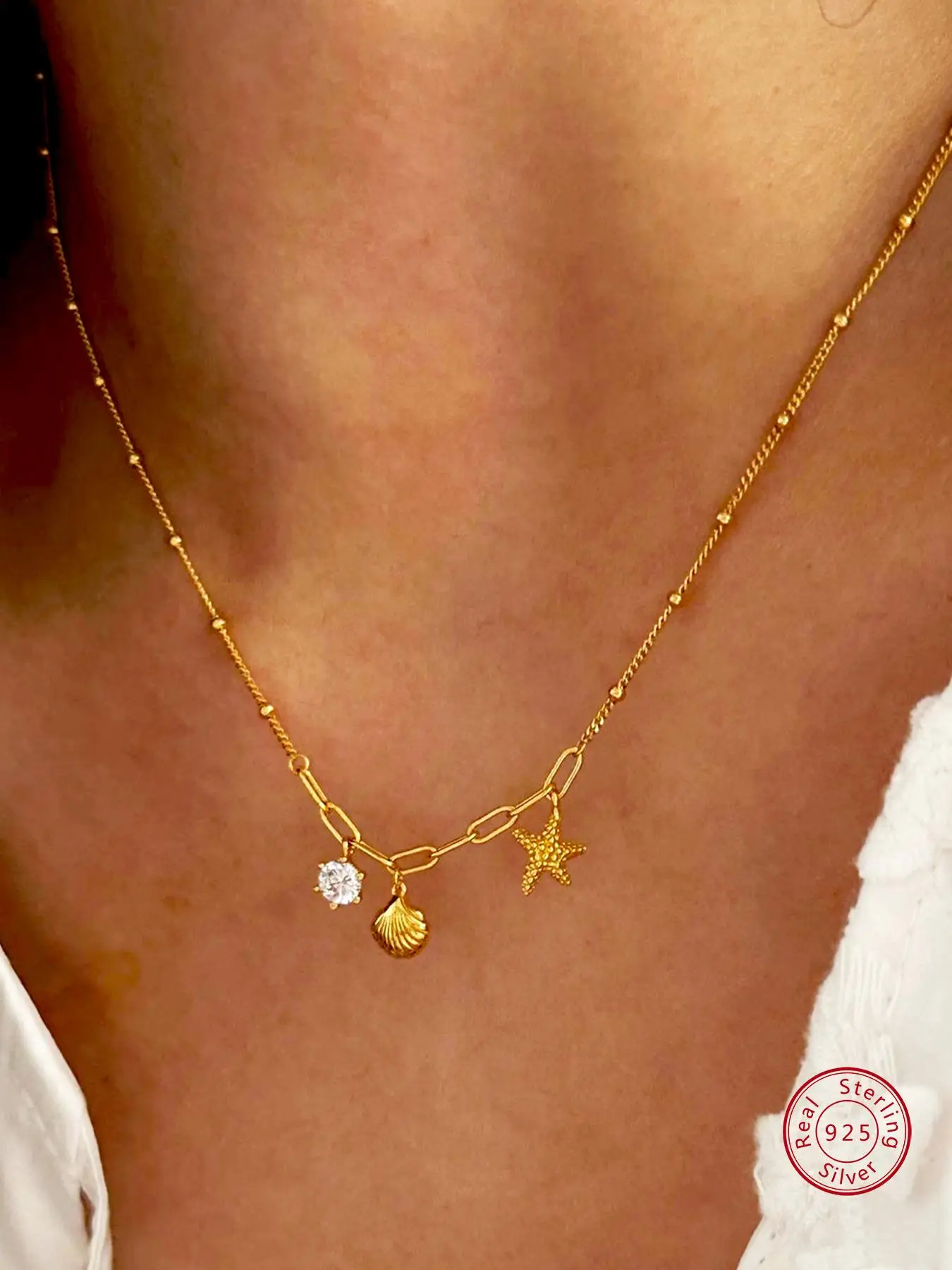 S925 Sterling Silver Starfish Shell Decor Pendant Necklace, Fashion Jewelry for Party, Daily Clothing Decor, Trendy All-match & Exquisite Jewelry for