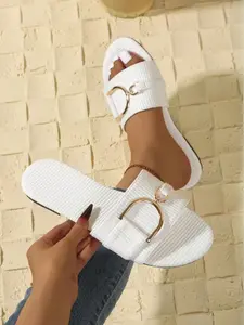 Women's Ribbed Knit Sandals, Metal Buckle Open-Toe Flat Slippers, Summer Casual Beach Flip Flops, Comfortable and Stylish Footwear