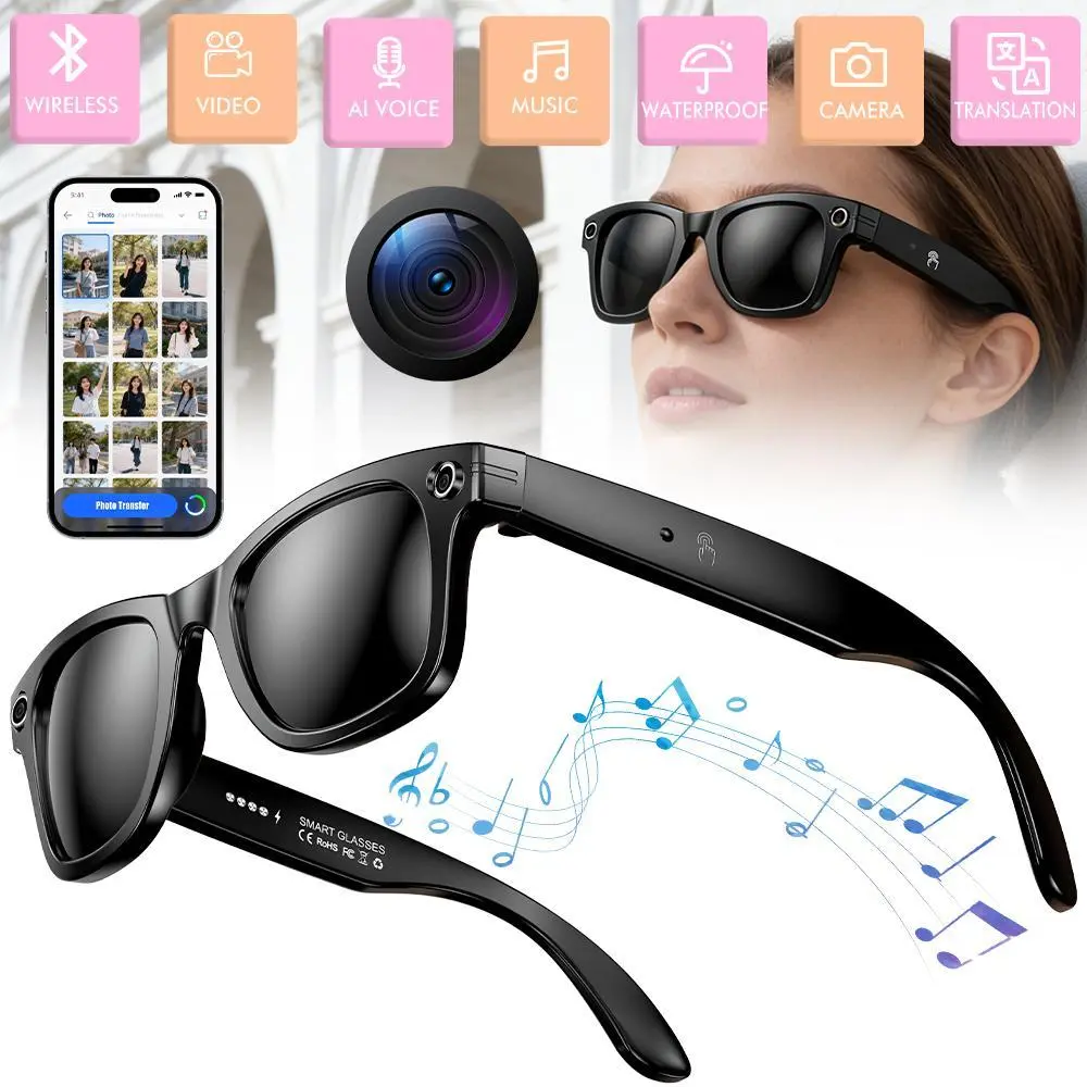 【BackToSchool】 Smart AI camera glasses with photochromic lenses, touch-sensitive button controls, designed for travel and outdoor adventures, hands-free photography, real-time translation in 160+ languages, Bluetooth wireless wearable video recording