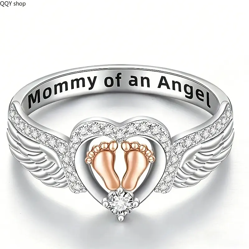 【Summervibes】Mom and Baby Angel Wings Heart Ring, Meaningful Family Bond Women Statement Ring, Delicate Angel Wing Heart Design Fashion Jewelry, Sentimental Keepsake Perfect Gift for Mother’s Day, Birthday, Anniversary and Special Occasions