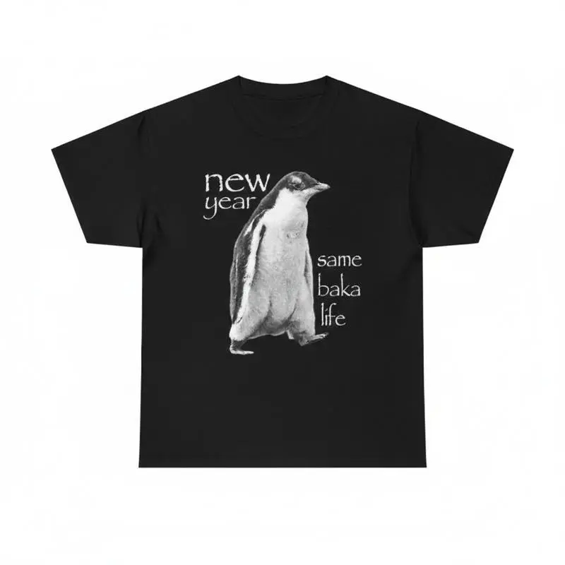 'New Year Same Baka Life' Penguin Graphic Tee for Men, Cotton Short Sleeve Round Neck Casual T-Shirt, Funny Meme Top, Tops, Shortsleeve, Casual Shirt
