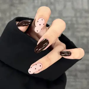 30pcs Medium Long Almond Press-On Nails, Color Block Polka Dot French Style, Reusable Nail Art Design Set with Jelly Glue & File, Nail Kit Set