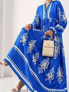 Women's Casual Printed Arabic Style Simple Dress, Daily Wear Islamic Abaya Long Robe, Ladies Vacation Clothing, Elegant Fashion