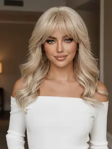 Wavy Wig with Bangs, Curly Wig, 16 Inch Heat Resistant Hair, Ideal for Daily Commute or Holiday Parties Like Thanksgiving and Christmas