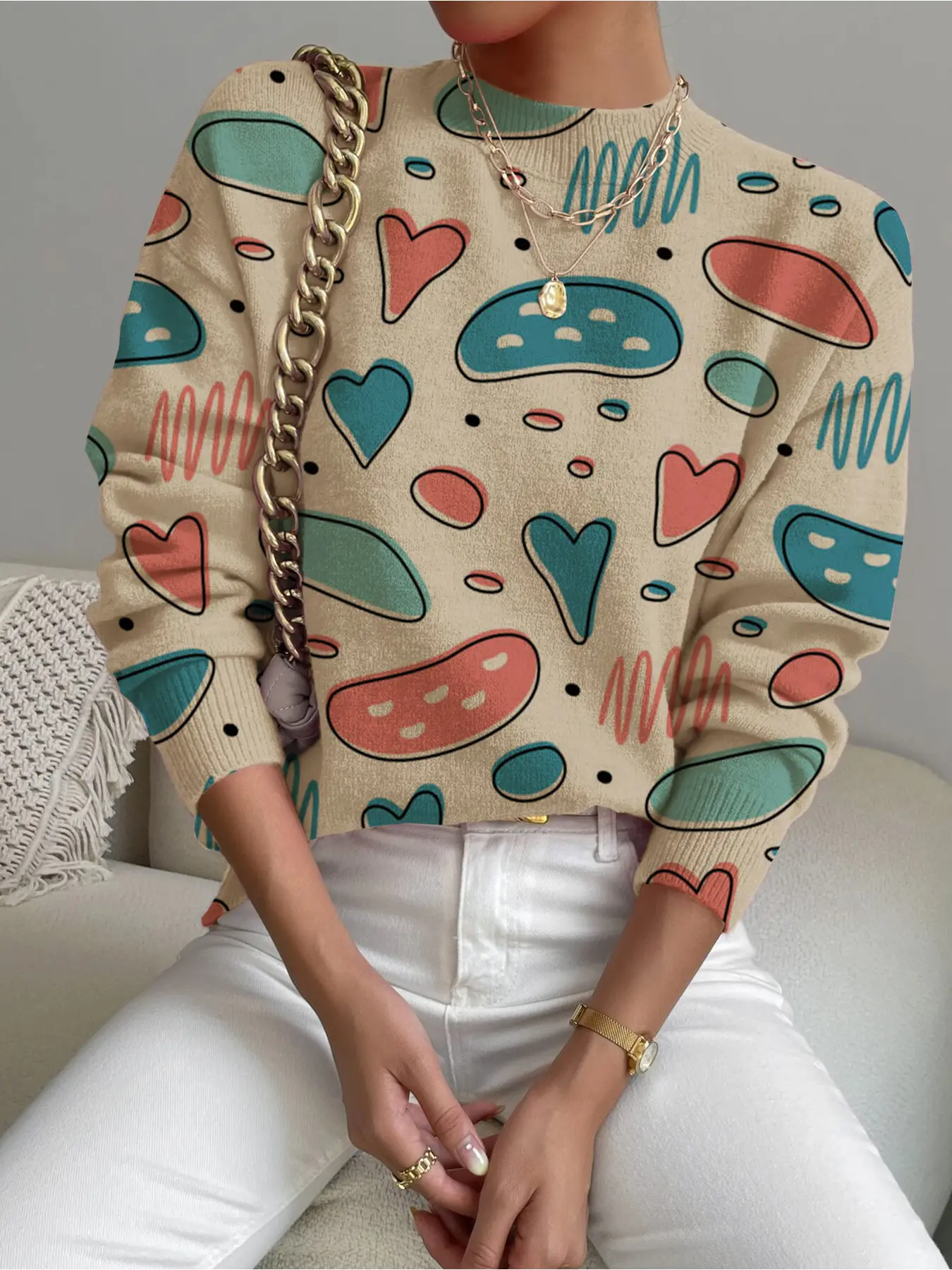 Women's Abstract Geometric Heart Print Sweater, Casual Long Sleeve Knit Top, Fall Winter Fashion, Comfortable and Warm