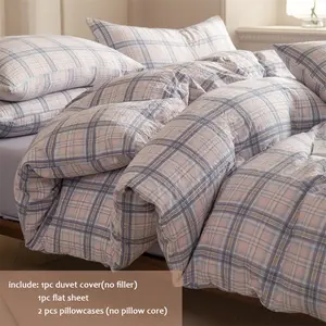 4-Piece Duvet Cover Set (Duvet Cover*1 + Flat Sheet*1 + Pillowcases*2), IKEA-Style Nordic Striped & Checkered Quartet, Zipper Closure, Solid-Color Flat Sheet, All-Season Use, Soft & Breathable Bedding Set