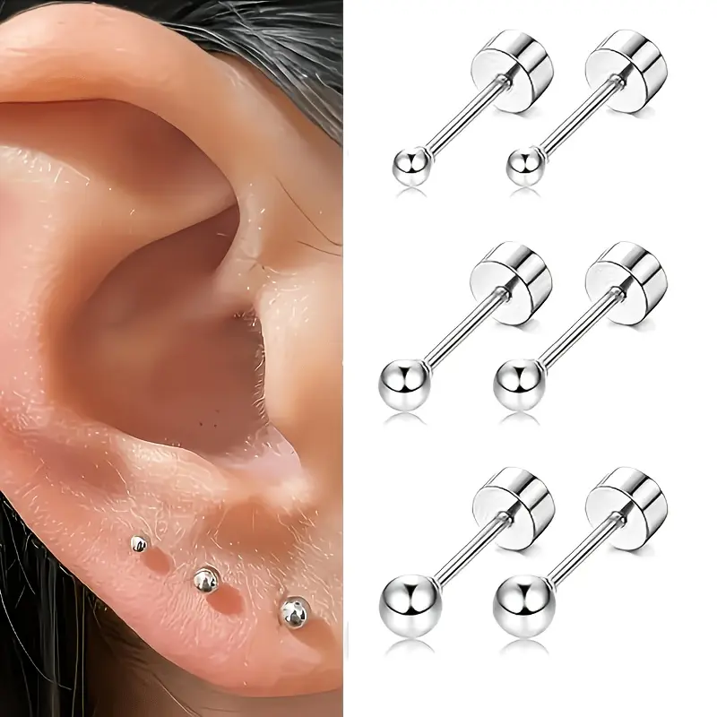 3 Pair Stainless Steel Ball Earrings Set 2Mm 3Mm 4Mm Screw Round Dome Studs No Removal for Shower Cartilage Earrings for Women Men Hypoallergenic Gift