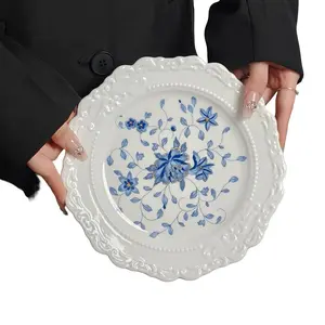 Vintage Blue and Porcelain Relief Ceramic Plate, Hand-Painted Floral Design, Safe Lead-Free, Ideal for Food Serving & Home Decor