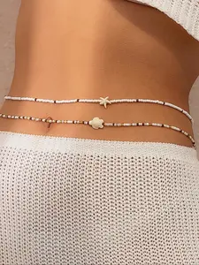 Women's Vintage Bohemian Style Starfish & Turtle Decorated Beaded Waist Chain, Ocean Element Belly Chain, Fashion Accessories for Daily Wear