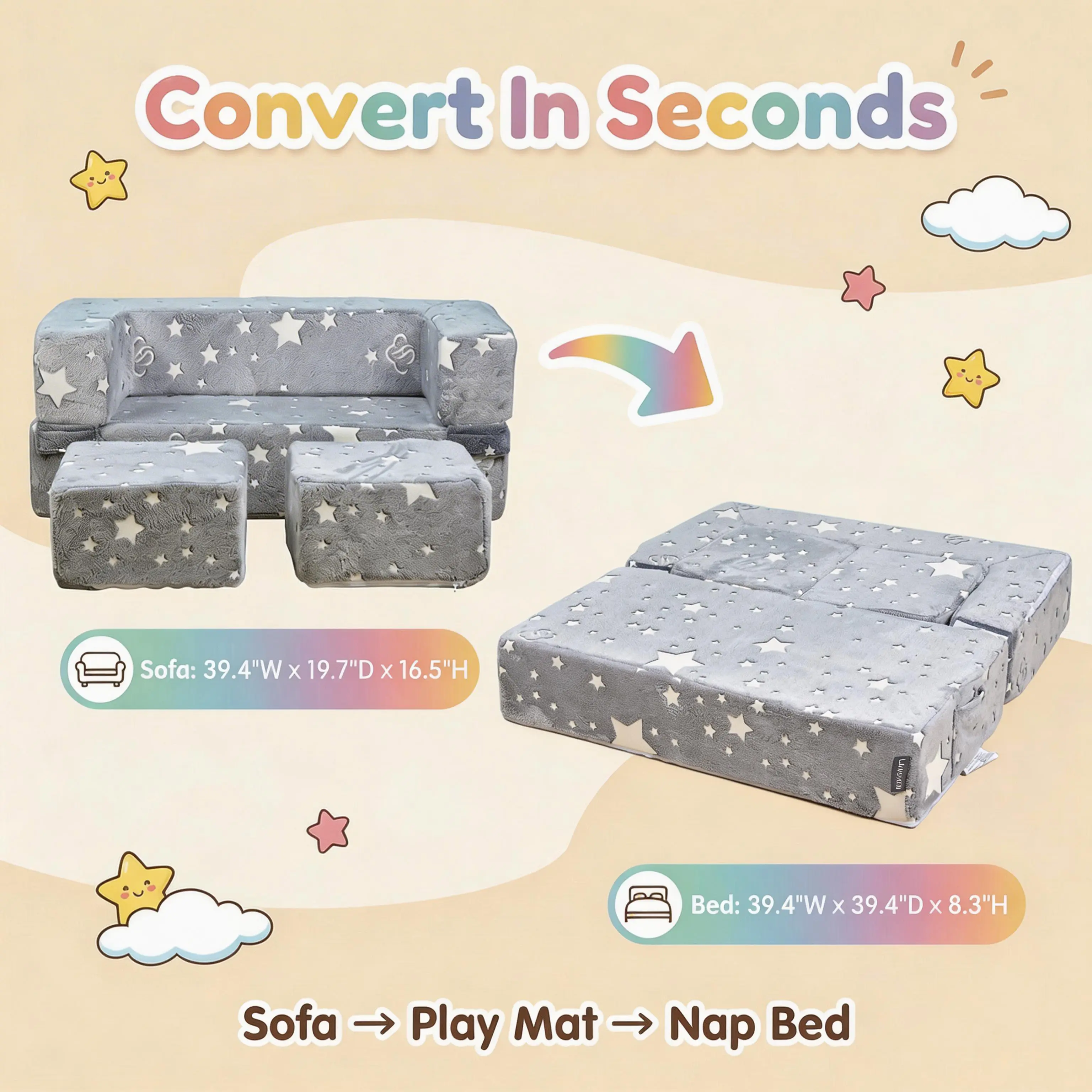 Kids Cartoon Flannel Folding Sofa Bed 2 Seats, Adjustable Convertible Couch Bed, Pre-Assembled Vacuum Sealed, Sturdy Easy to Clean, Toddler Christmas Birthday Gift Furniture