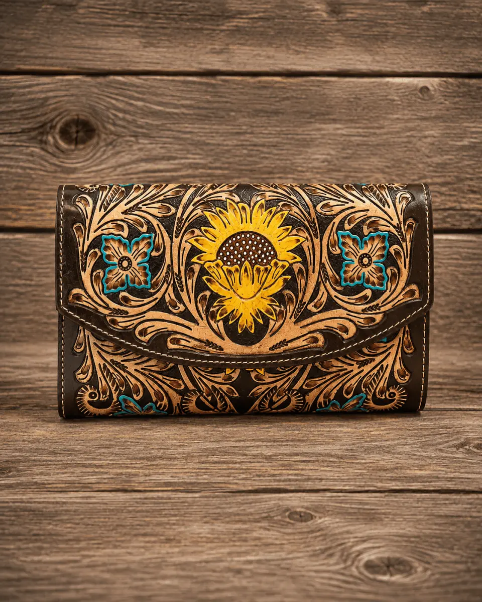 Utsav Sunflower Tooled Leather Wallet by Myra Bag