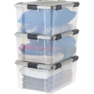 IRIS USA 60 Qt Storage Bins with Gasket Seal Lid, 3 Pack - BPA-Free, Heavy Duty Moving Containers Tight Latch, Weather Proof Tote, WEATHERPRO - Clear/Chrome