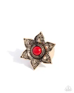 Smooth Stones - Red Stone Gold Flower Ring - Paparazzi