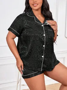 Plus Leopard Jacquard Contrast Piping Satin PJ Set / Pajama Set luxury pajamas chrismas pajamas