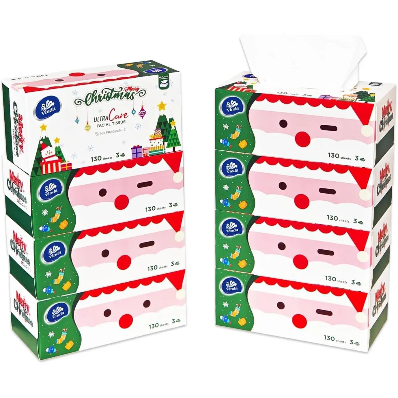 8 Flat Boxes Christmas Facial Tissues, 3-Ply, 130 Count Each – Festive Design for Home, Toilet, Gift, Perfect for Holiday Decor