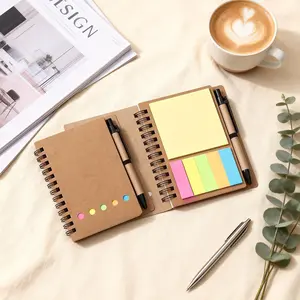 Spiral Notebook with Pen Holder, 1 Count Pocket Notebook with Sticky Note & Colorful Index Label, Creative Office Notepad, Durable Paper Cover Notebook, Portable Notebook for Office & School