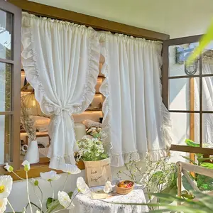 1pc [Ins Square-Pattern Sheer Curtain Rod-Mount] Beige Square + Ruffled Edges, Light-Filtering & Private, Fits Bay Window/Small Window Photo, Ins Light Retro Decor Bestseller, Fits All Thin Rods, Easy Install Curtain, Home Decoration Curtain