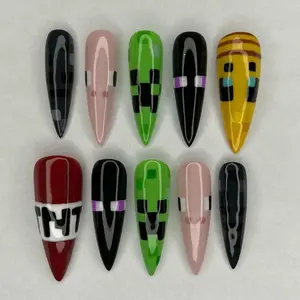 Gamer Girl Nails, Pixel Art Green Black Set, Cute Gaming Inspired Y2K Fake Nails