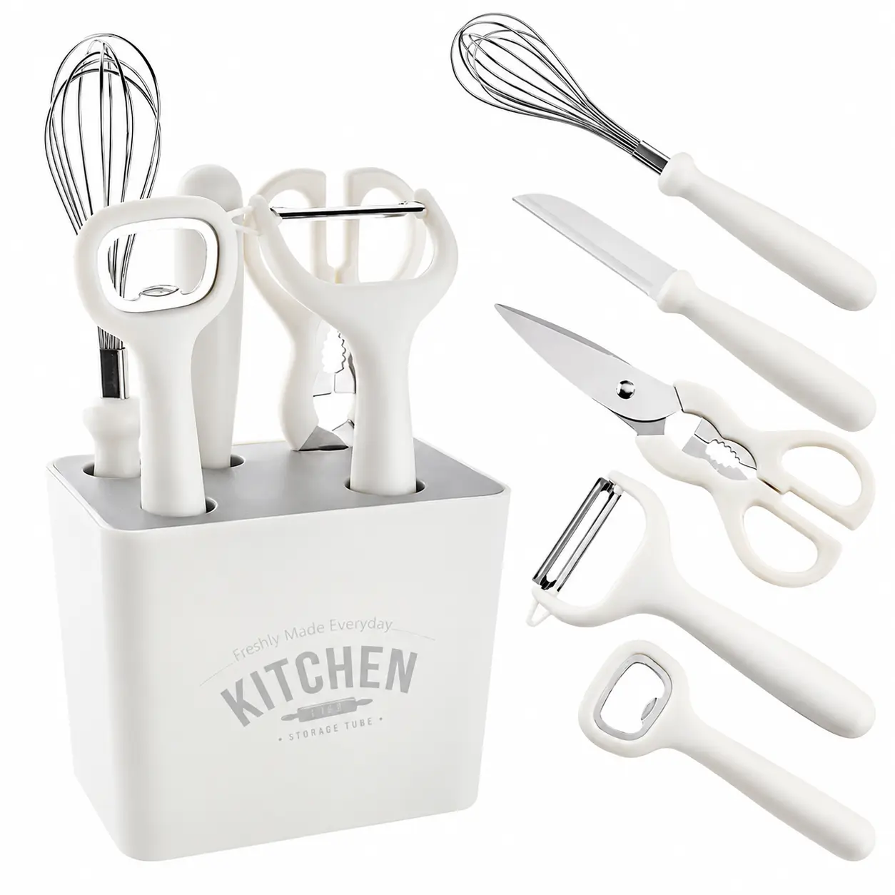 6-Piece Stainless Steel Kitchen Gadget Block Set with Holder, Including Scissors, Peeler, Whisk, Bottle Opener, Compact Cooking Utensils