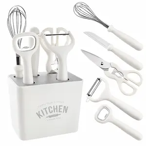 6-Piece Stainless Steel Kitchen Gadget Block Set with Holder, Including Scissors, Peeler, Whisk, Bottle Opener, Compact Cooking Utensils