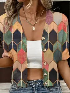 Spring and Summer Collection: V-neck multi-color, Geometric diamond-shaped patchwork women's knitted short-sleeved Fitted cardigan, blouse, Knitwear, Bohemian vacation Casual style, commuting outerwear coverall, beach coverall, Womenswear
