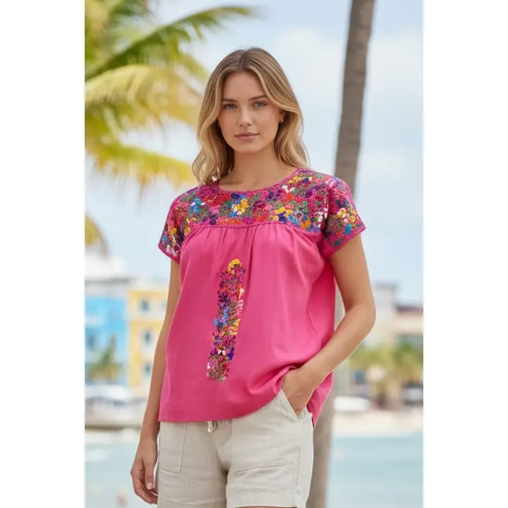 San Antonino Mexican Gala Blouse with Silk Embroidery Hot Pink
