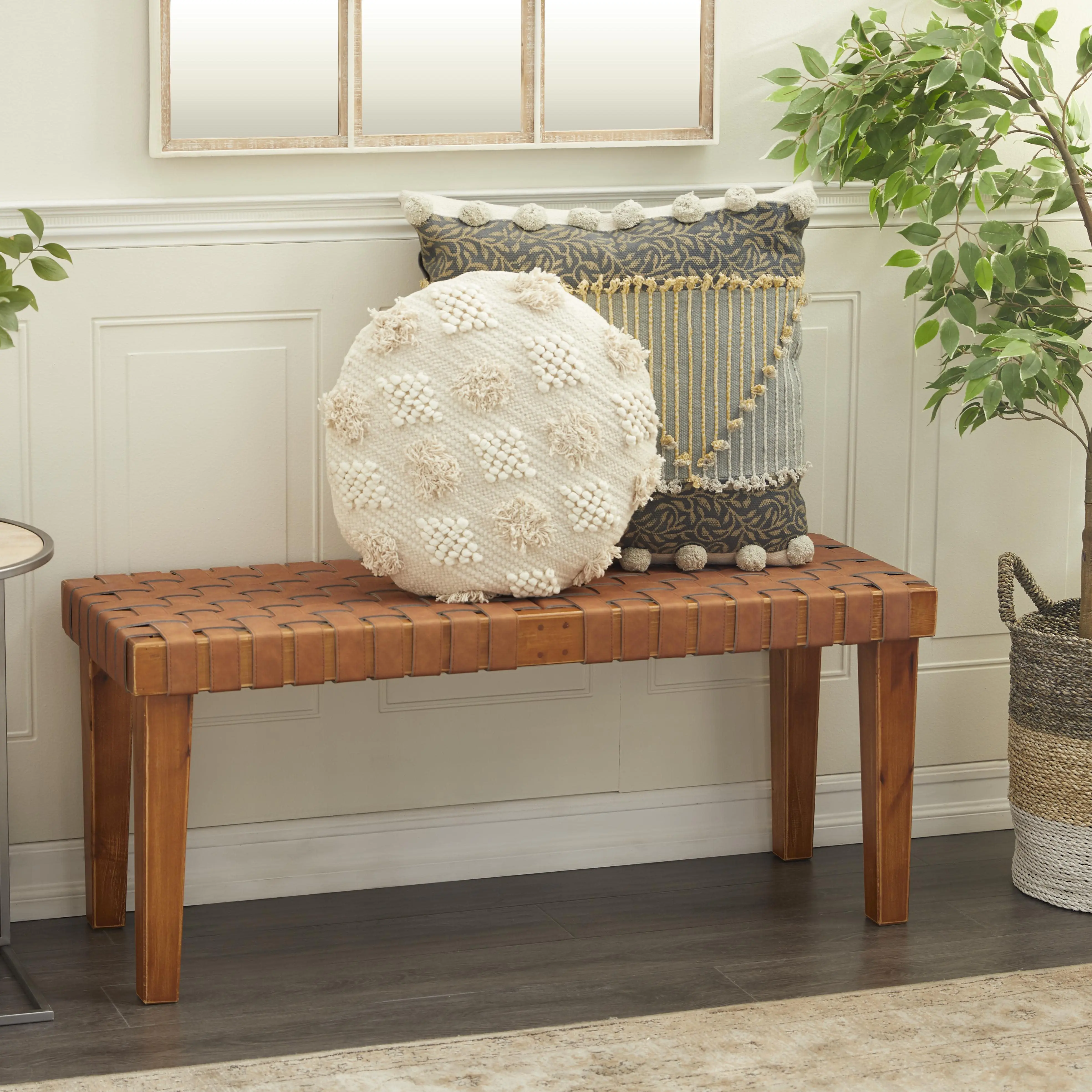 Brown Faux Leather  Handmade Woven Home Bench with Wood Frame, 45" x 16" x 19"