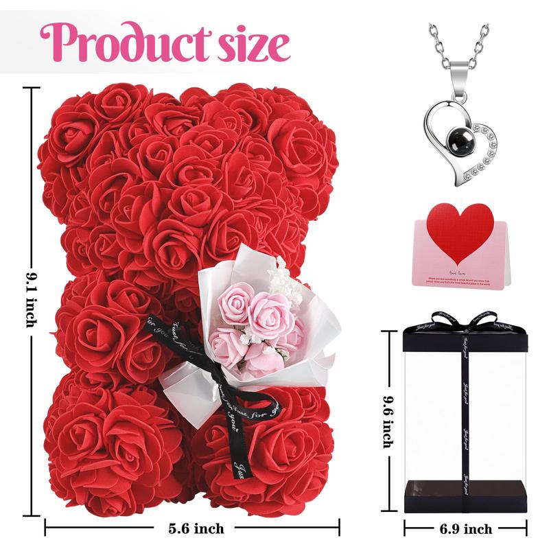 Rose Bear with Box - Artificial Flowers Rose Teddy Bear with Box, Greeting Card, Necklace - Cute & Romantic Valentine’s Day Gifts for Her, Women, Girlfriend, Wife (Red) Decor Decorative