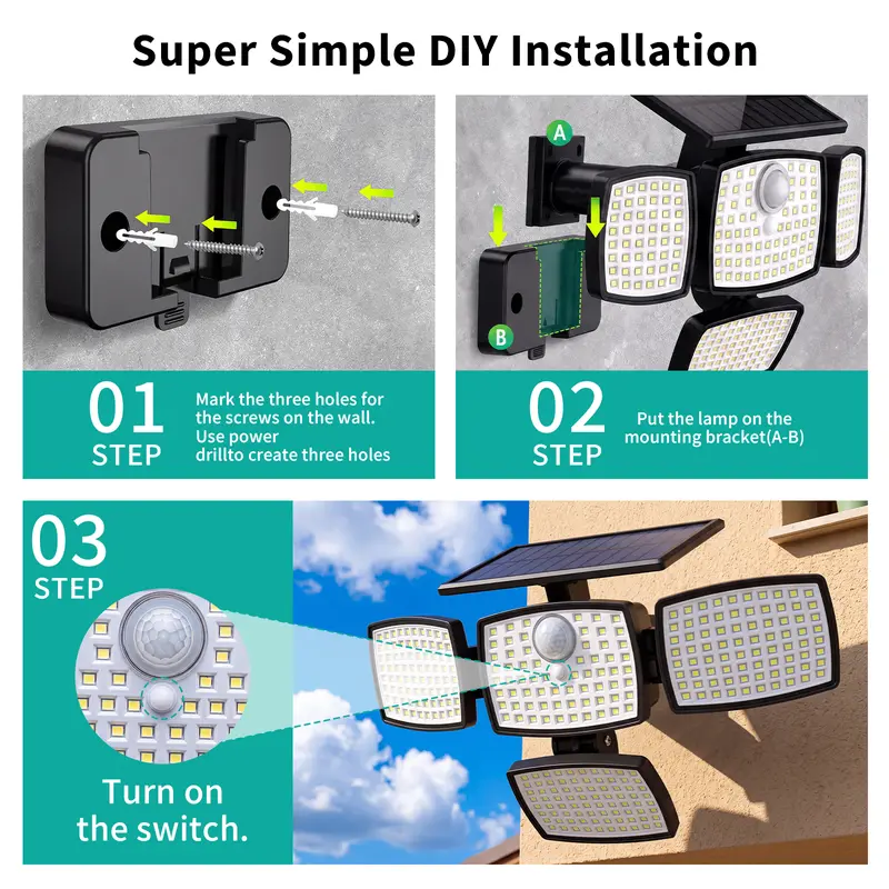 Hoodink Solar Outdoor Wall Light - 4500LM Flood Beam, 306LED 4-Heads Motion Sensor, Remote Control, 270°Wide Angle, IP65 Waterproof, Easy Install, 3 Modes, Solar No Wiring, Adjustable Flood & Spot Lighting, Outdoor Lighting Solutions for Backyard