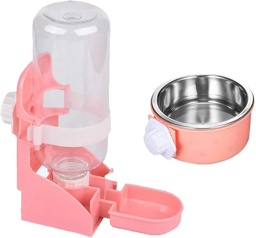 Automatic Rabbit Hanging Feeder & Fountain Set with Detachable Plastic-Stainless Steel Bowl, Bolt-Mounted Automatic Bottle Holder for Bunny, Pet Cage Coop Feeding Tools