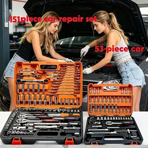 53PCS Chrome Vanadium Steel Automotive Repair Tool Kit with High-Quality Assurance, Sockets, Quick Ratcheting Wrenches for Off-Road Motorcycles, Bicycles, and Complete Car Maintenance Accessories