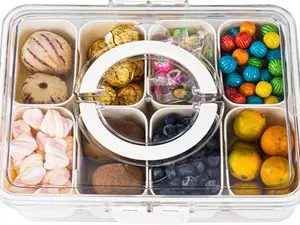 Divided Serving Tray with Lid and Handle - Snackle Box Charcuterie Container for Portable Snack Platters - Clear Organizer for Candy, Fruits, Nuts, Snacks - Perfect for Party, Entertaining