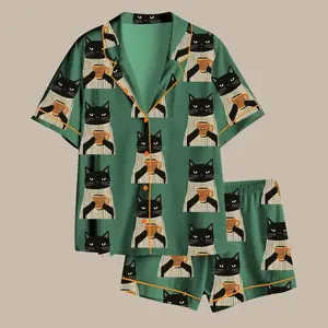 Black Cat Wine Print Pajama Set, Funny Cocktail Theme Sleepwear, Short Sleeve Button Top, Elastic Waist Shorts, Cute Lounge Outfit For Cat Lovers