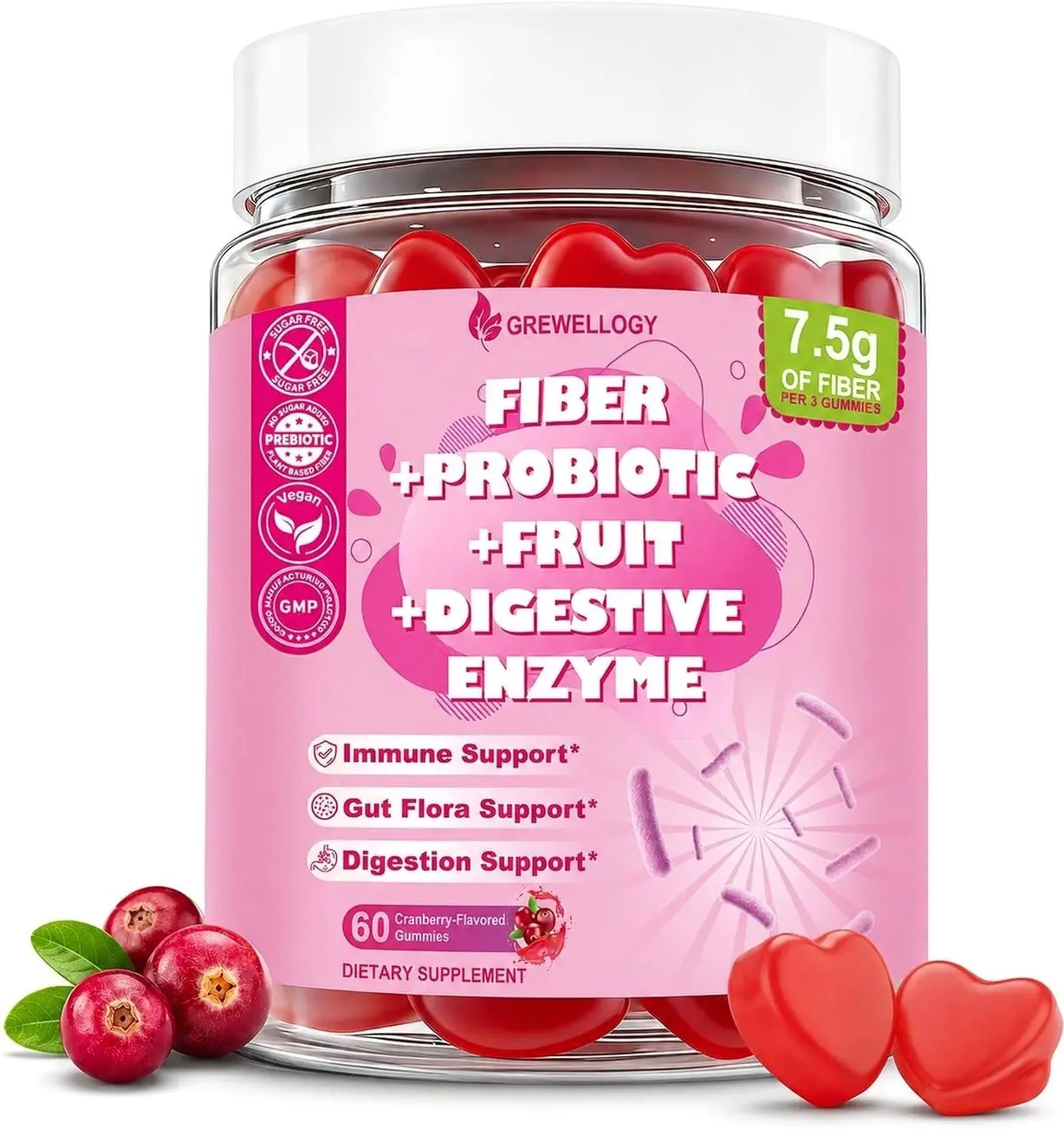 Fiber Gummies for Adults, Sugar Free Fiber Supplement with Prebiotics, Probiotics & Digestive Enzymes for Gut Health Support, 60 Count Cranberry Flavor, Vegan