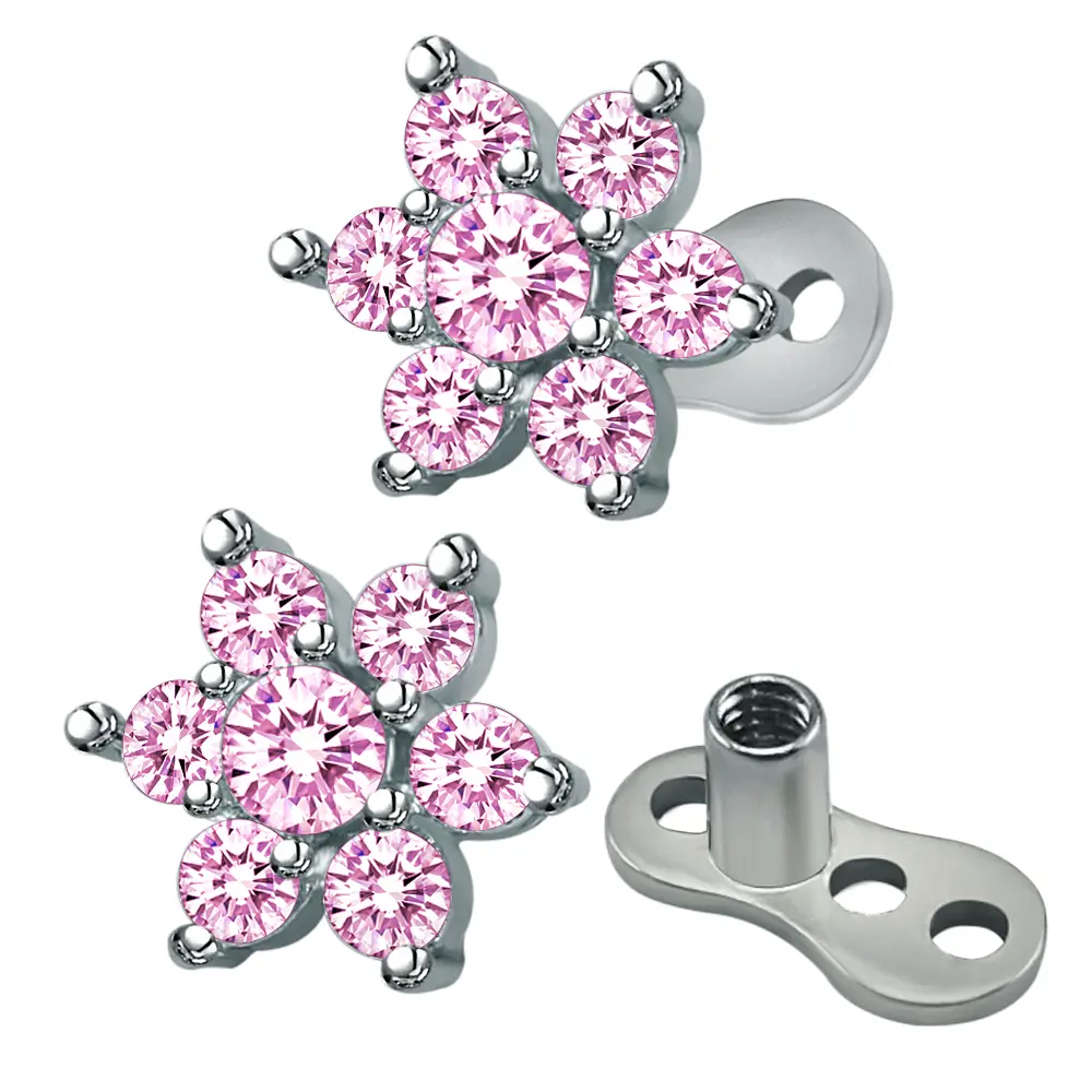 14g Flower Pink Cubic Zirconia Dermal Anchor Tops & Surgical Steel Base Microdermals