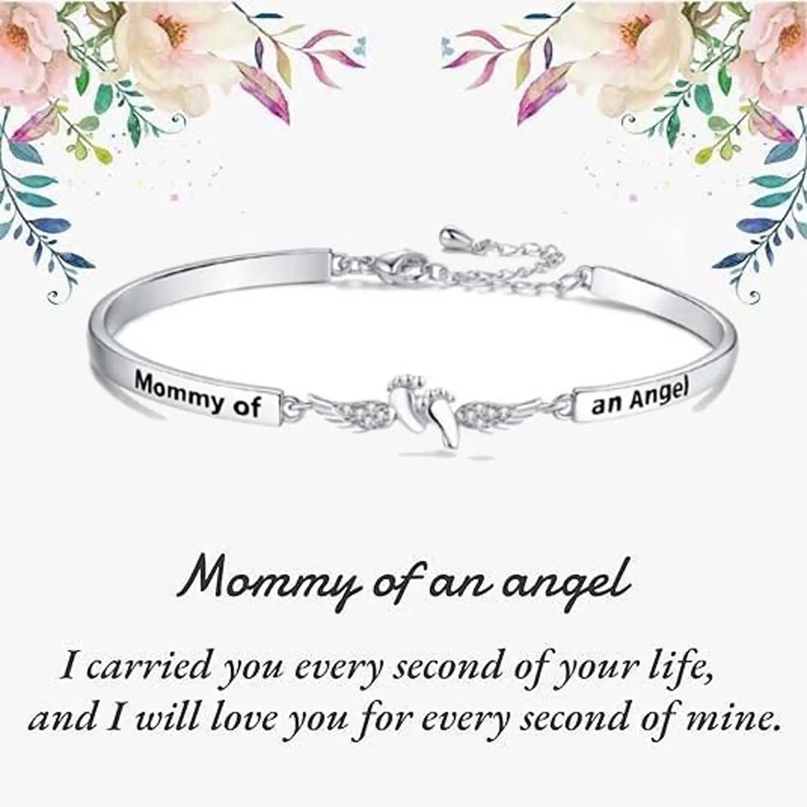 Footprint and angel charm bracelet, a perfect everyday accessory, adjustable length.