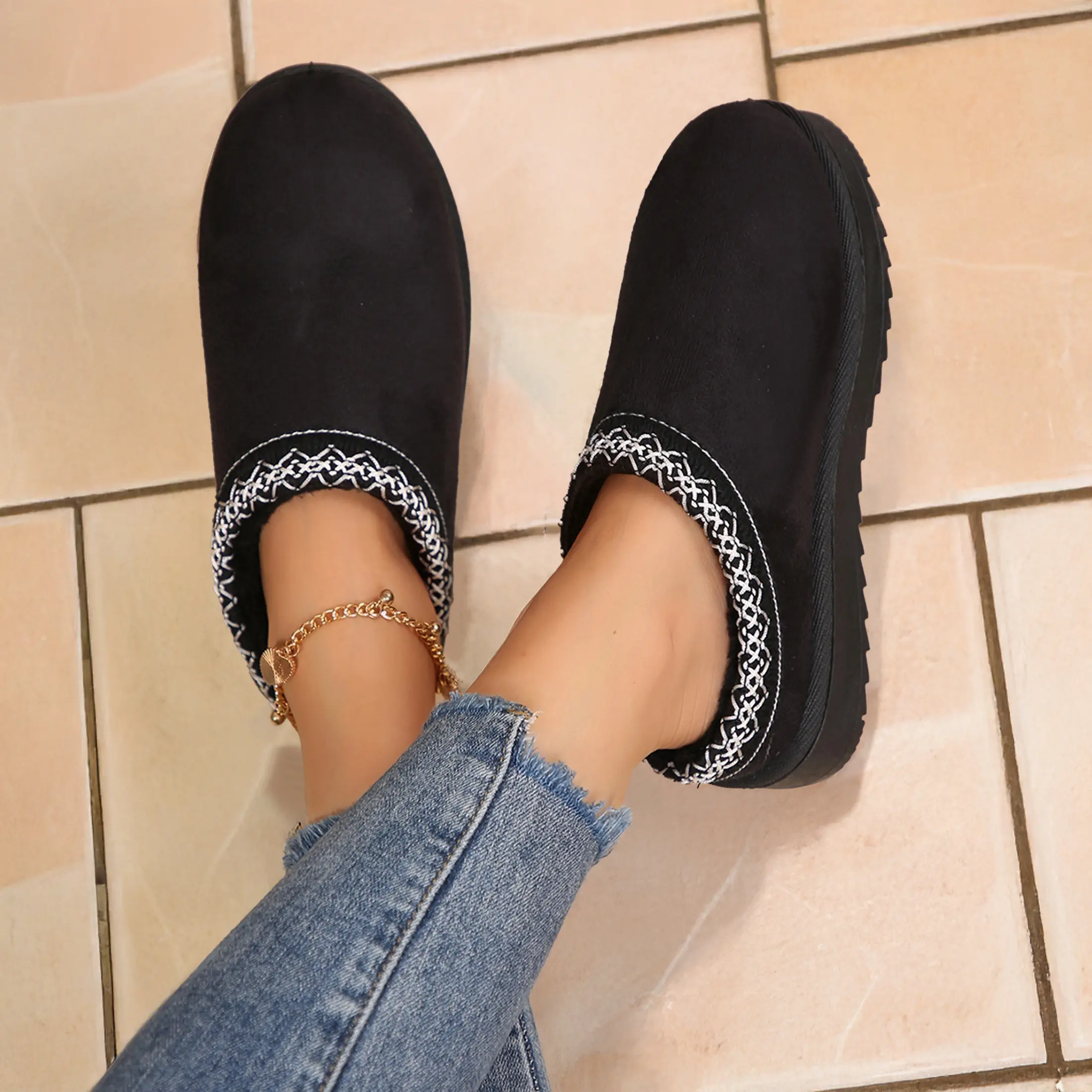 ‌Women’s Warm Winter Fleece Slippers Mini Snow Boots Thick Sole & Anti - Slip Embroidered Trim Indoor Outdoor Shoes