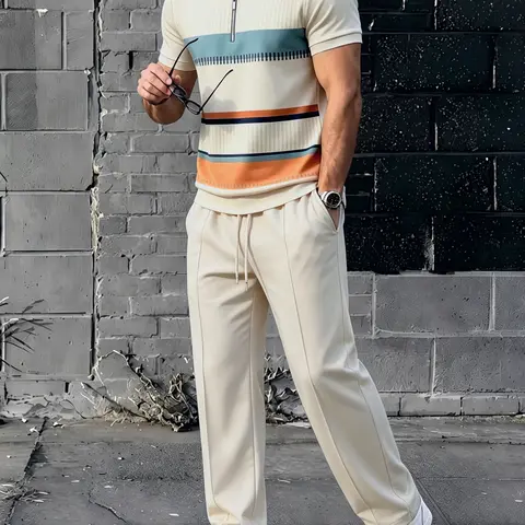 Men's 2-Piece Casual Geometric Printed Short-Sleeve Polo Shirt & Solid Color Pants Set, Comfortable Menswear for Work & Weekends, Stylish Mens Clothing Outfit